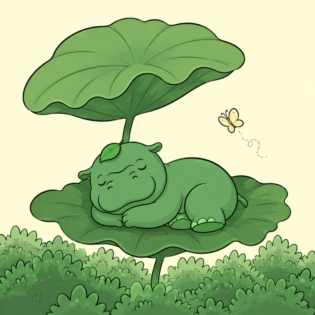 Moo napping under a leaf