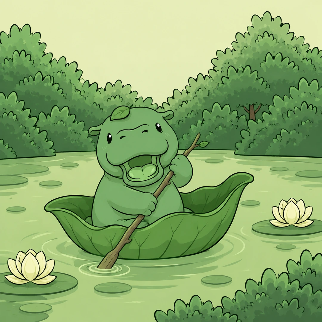 Moo paddling a lotus-leaf boat